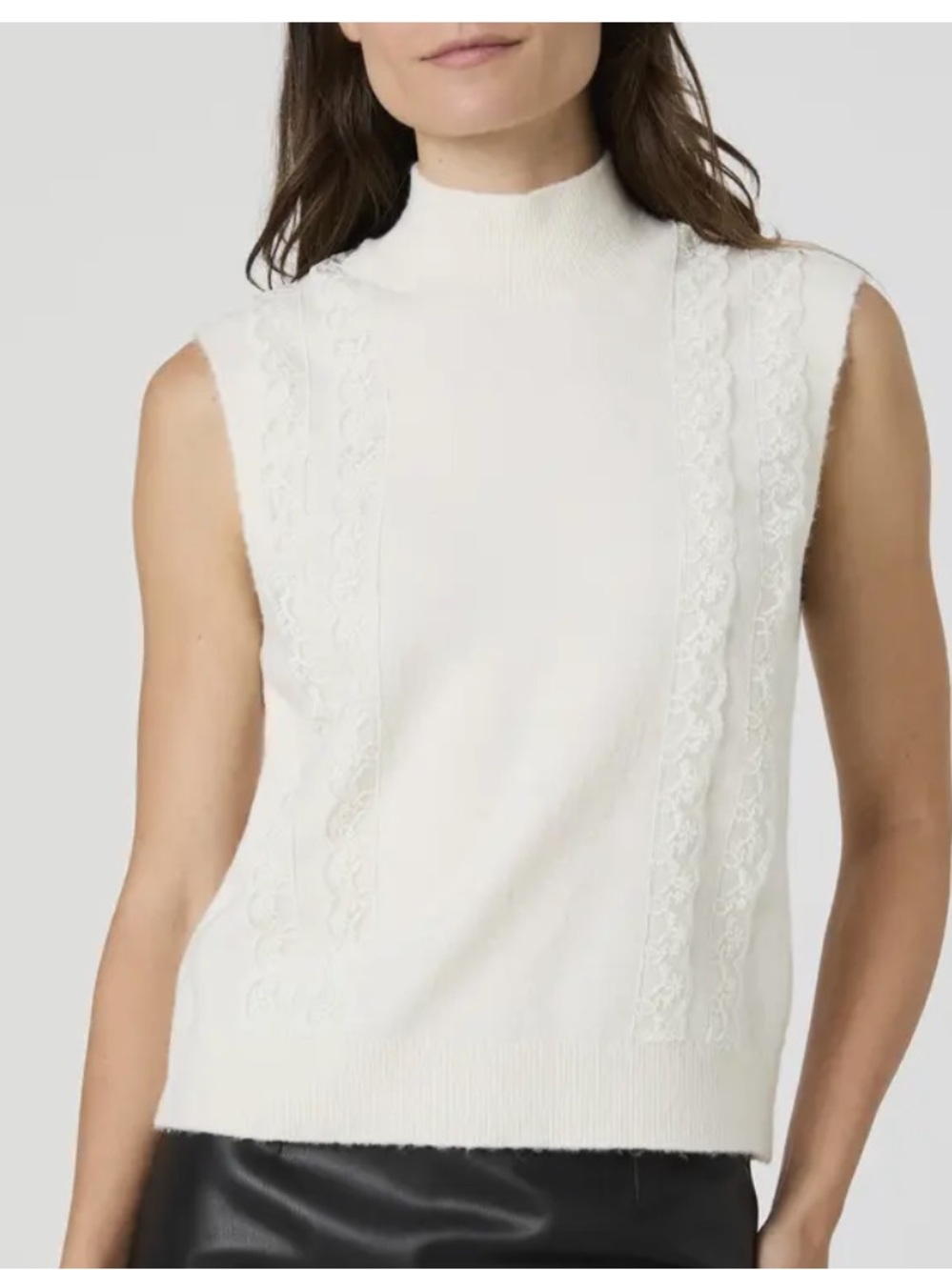 French Connection Cream Sleeveless Mock Neck Lace-Trim Sweater